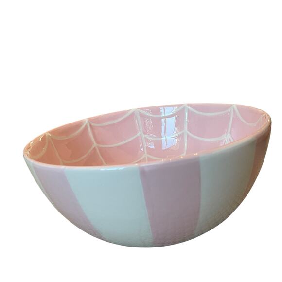 Pink & White Striped Spider Web Candy Bowl 10" Ceramic Chic Halloween Decor NEW - Picture 9 of 15